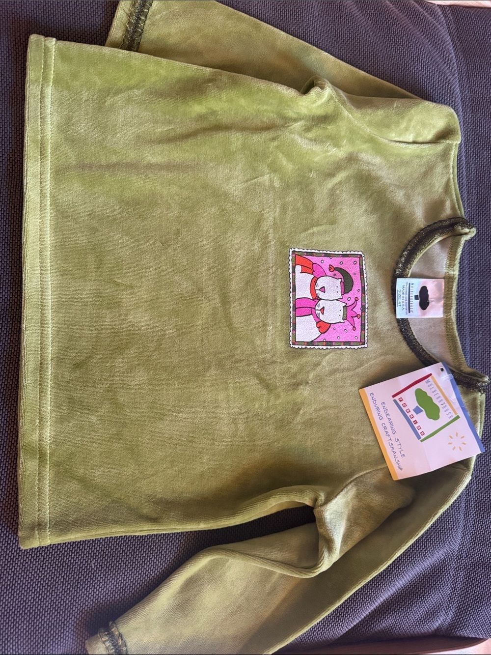 NWT Mulberry Olive Green Long-Sleeve Kids Tee with Pink Cartoon Patch